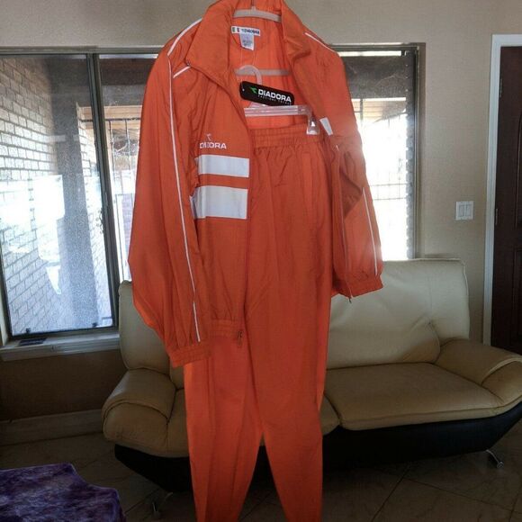 Vtg DIADORA Soccer ORANGE WINDBREAKER TRACK SUIT Jacket Pants SIZE: YL